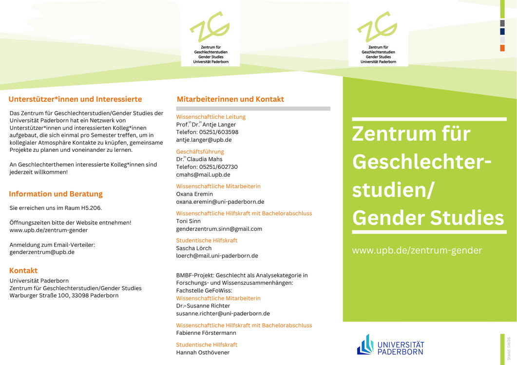 Flyer mit Informationen zum Zentrum für Geschlechterstudien