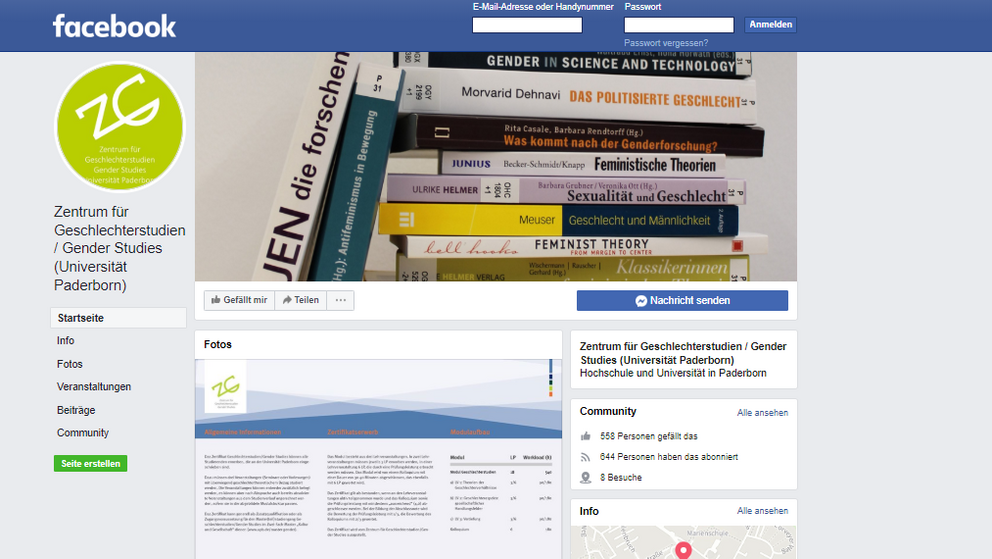 Facebook-Startseite vom Zentrum