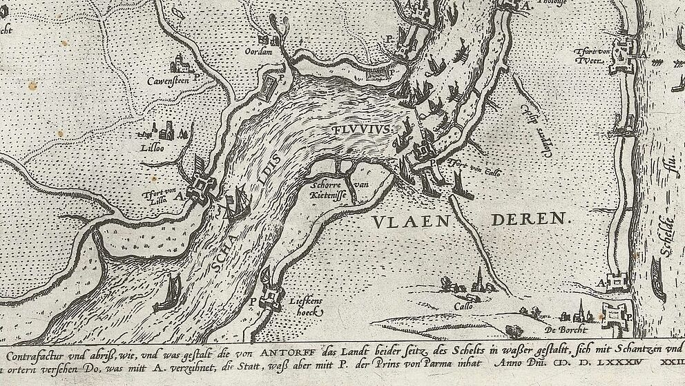 Karte der Befestigungen entlang der Schelde, Druck, 1584, Rijksmuseum