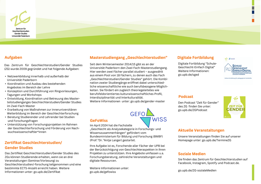 Flyer mit Informationen zum Zentrum für Geschlechterstudien