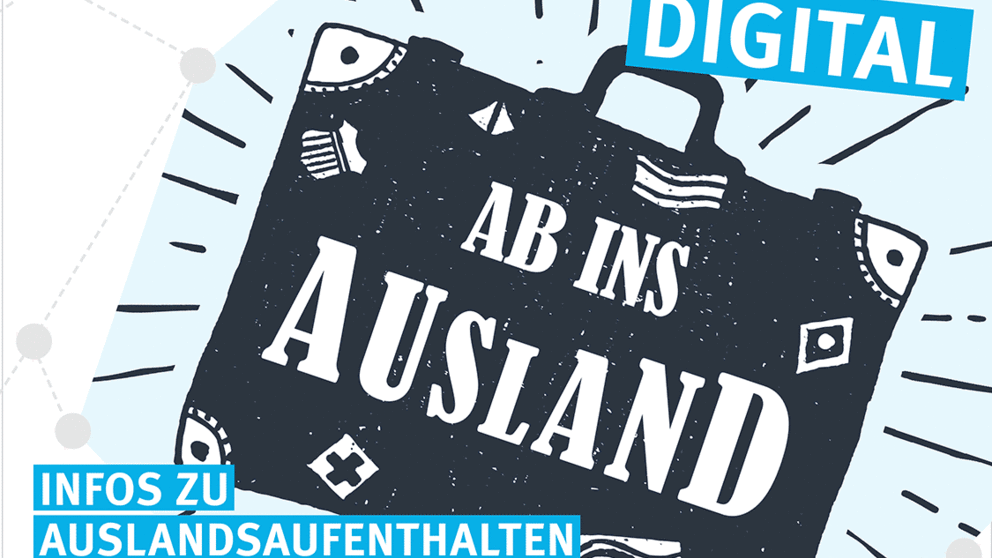 Das Bild zeigt einen blauen Koffer mit der Aufschrift "Ab ins Ausland". Es enthält außerdem das Logo der Universität Paderborn und Infos über die Infowoche. 