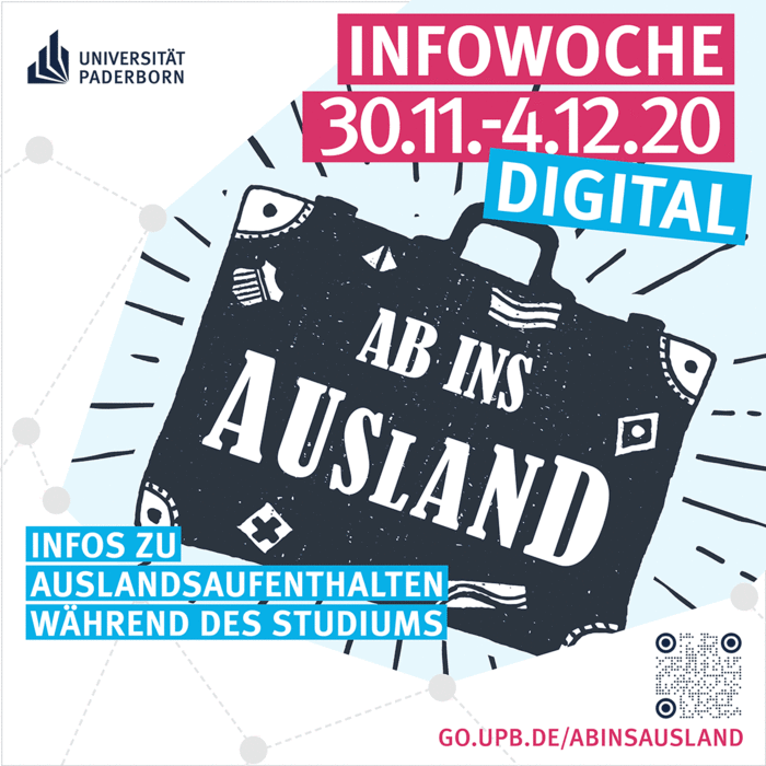 Das Bild zeigt einen blauen Koffer mit der Aufschrift "Ab ins Ausland". Es enthält außerdem das Logo der Universität Paderborn und Infos über die Infowoche. 