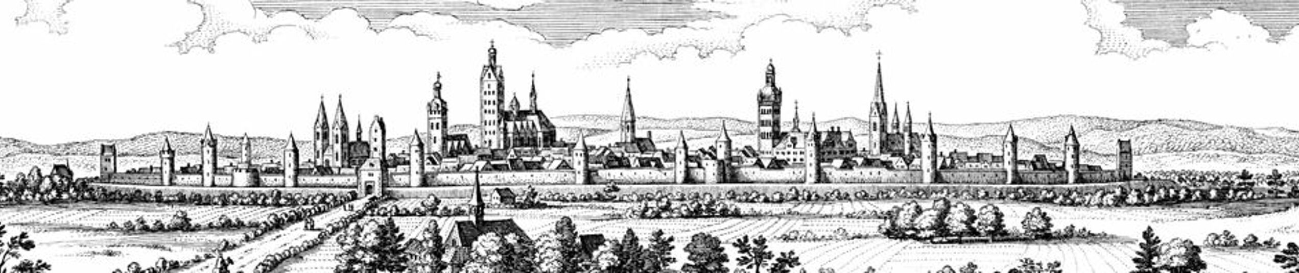 Kupferstich der Stadtansicht Paderborns von Matthäus Merian. Veröffentlicht in "Topographia Germaniae" Band "Topographia Westphaliae" von 1647.