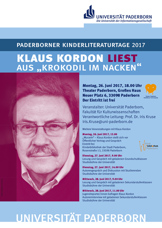 Plakat im Format A2 zu den PB Kinderliteraturtagen 2017 mit Klaus Kordon