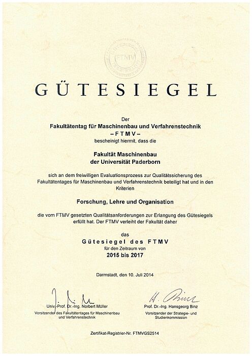 Foto (Fakultät Maschinenbau): Das Gütesiegel des Fakultätentages für Maschinenbau und Verfahrenstechnik.