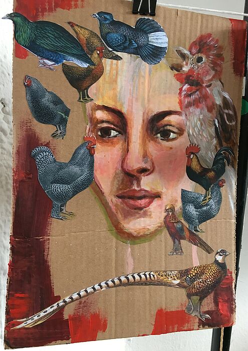 Studentische Seminararbeit zu dem Werkstatt Malerei-Seminar „Das Verstummen der Vö-gel“ mit Acryl auf Pappe. Foto: Jutta Ströter-Bender, 2016.