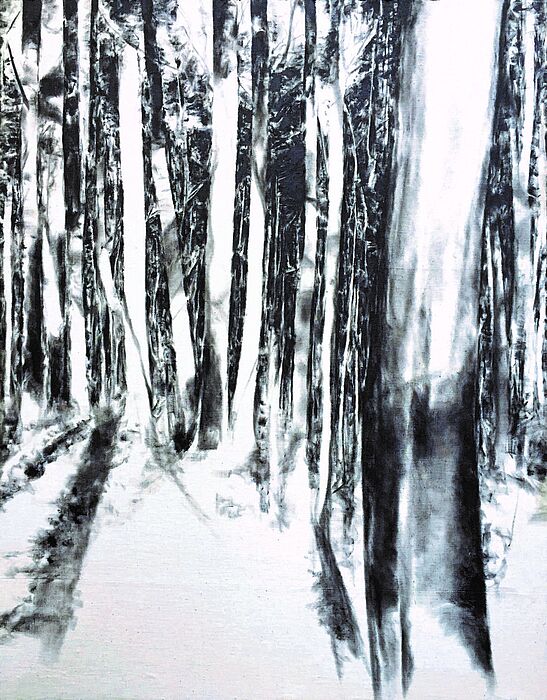 Jens Rausch: Bezeichnung eines Waldes I, Ruß auf Leinwand 68,5 x 87 cm, 2018