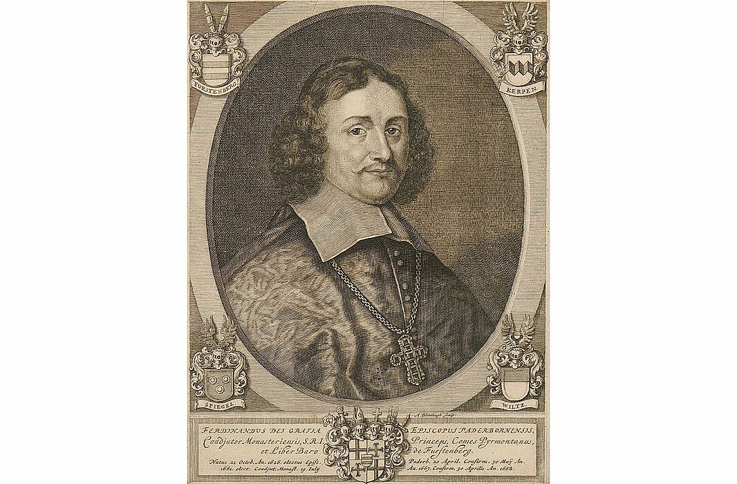 Abbildung: Bildnis des Ferdinand von Fürstenberg in der Monumenta Paderbornensia (2. Ausg. 1672); Bestand: Erzbischöfliche Akademische Bibliothek Paderborn. Digitalisat: Universitätsbibliothek Paderborn.