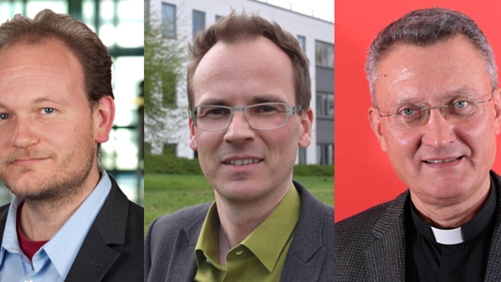 Fotos (Universität Paderborn, pdp): Prof. Dr. Klaus von Stosch und Prof. Dr. Jan Woppowa, beide Universität Paderborn, Dompropst Monsignore Joachim Göbel.