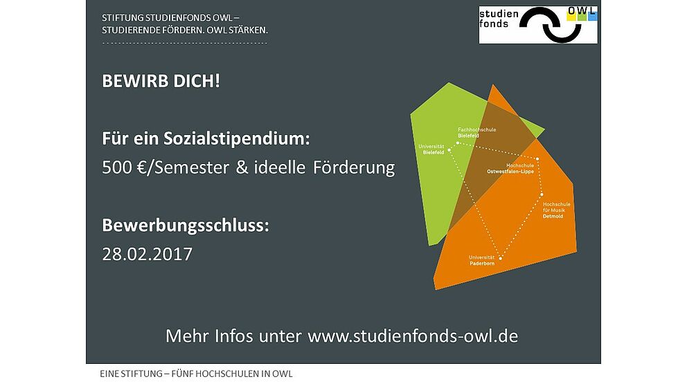 Studierende und Studieninteressierte können sich bis zum 28. Februar 2017 für ein Sozialstipendium der Stiftung Studienfonds OWL bewerben. Neben der finanziellen Förderung in Höhe von 500 Euro pro Semester profitieren die Stipendiaten auch von einer u