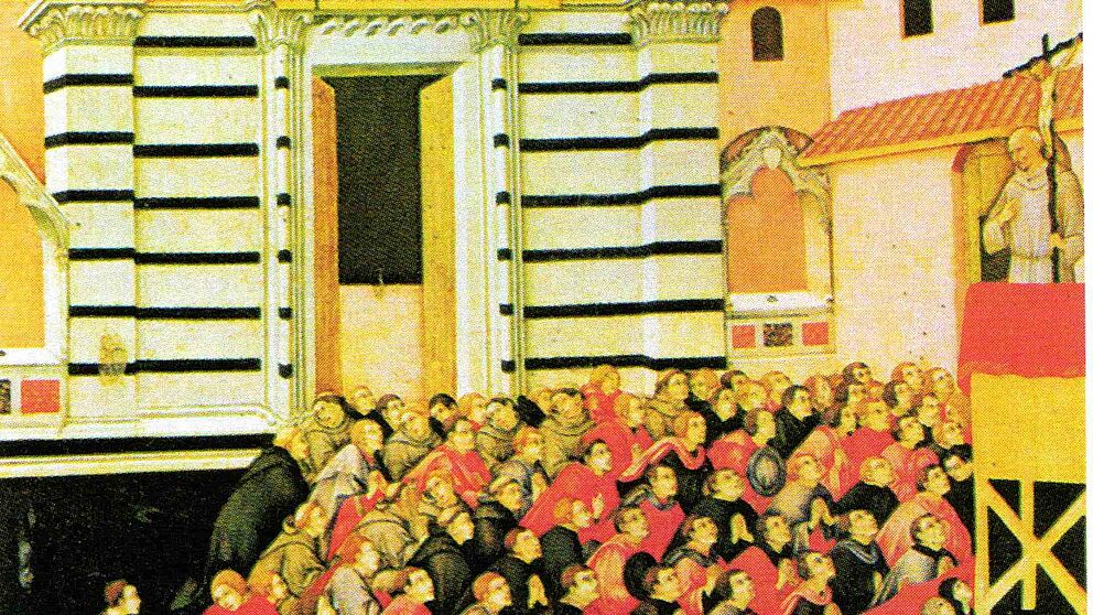 Abbildung: Bernardino da Siena predigt vor dem Franziskanerkloster in Siena (Abbildung aus Gabriela SIGNORI: Räume, Gesten, Andachtsformen. Geschlecht, Konflikt und religiöse Kultur im europäischen Mittelalter, Ostfildern 2005).