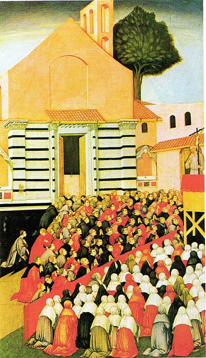 Abbildung: Bernardino da Siena predigt vor dem Franziskanerkloster in Siena (Abbildung aus Gabriela SIGNORI: Räume, Gesten, Andachtsformen. Geschlecht, Konflikt und religiöse Kultur im europäischen Mittelalter, Ostfildern 2005).