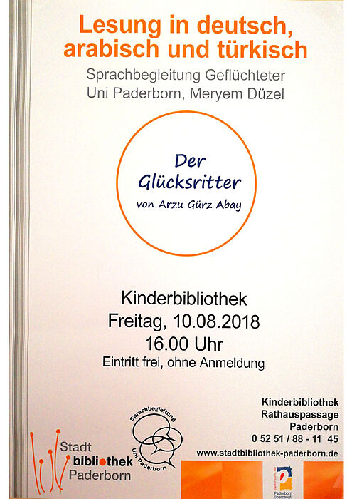 Veranstaltungsplakat "Lesung auf Deutsch, Arabisch und Türkisch"