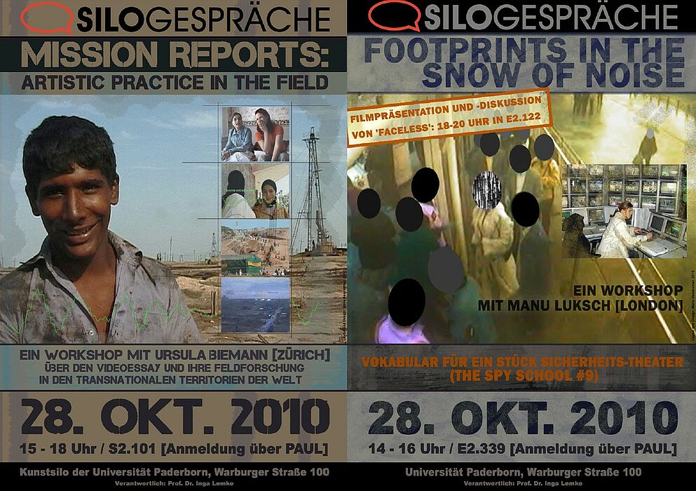 Abbildung: Flyer zu den Workshops „Mission Reports: artistic practice in the field" und „Footprints in the Snow of Noise. Vokabular für ein Stück Sicherheits-Theater (The Spy School #9)"