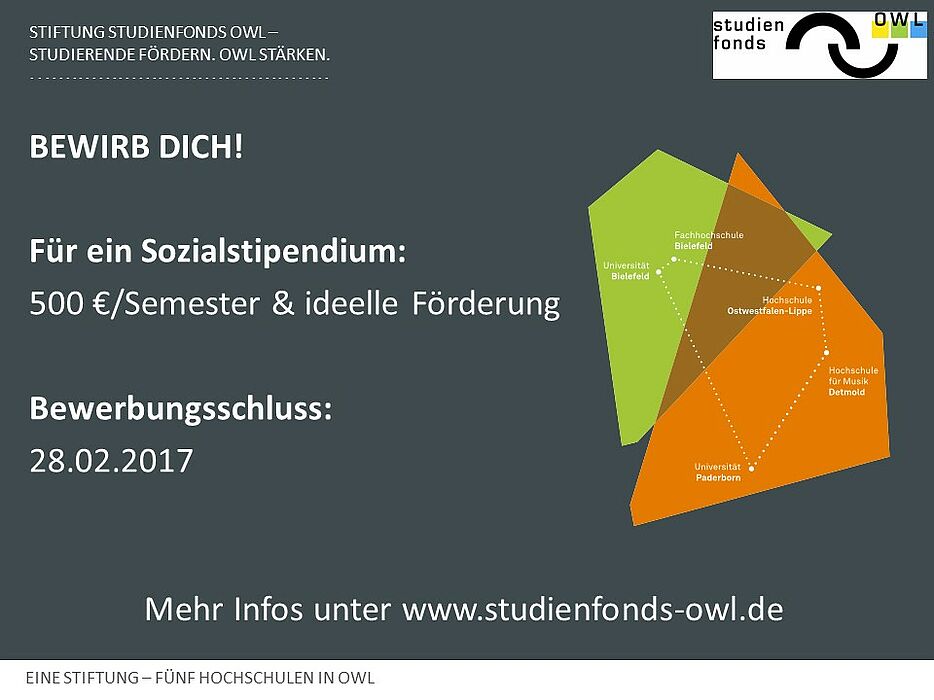 Studierende und Studieninteressierte können sich bis zum 28. Februar 2017 für ein Sozialstipendium der Stiftung Studienfonds OWL bewerben. Neben der finanziellen Förderung in Höhe von 500 Euro pro Semester profitieren die Stipendiaten auch von einer u