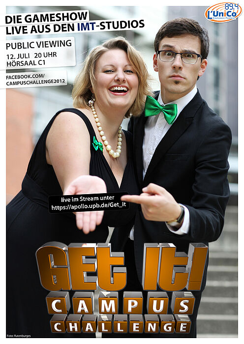 Bild (Adelheid Rutenburges, Universität Paderborn): Die Moderatoren Kathi Ruf und Hendrik Hänel präsentieren gemeinsam die Campus Challenge am 12. Juli.