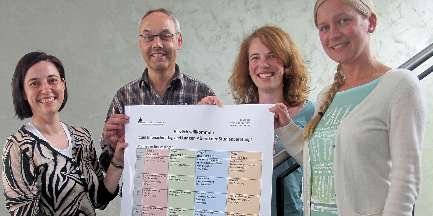 Foto (Universität Paderborn, Cinderella Schräder): Dr. Yvonne Koch (ZSB), Hubert Heinrichsmeier (Agentur für Arbeit Paderborn), Ann Kathrin Schade und Sina Rüweler (PLAZ) präsentieren das Programm zum langen Abend der Studienberatung.