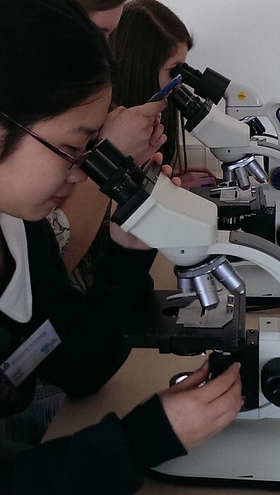 Foto (Universität Paderborn, Anja Demir): Schülerinnen im Physik-Workshop „Auge in Auge mit dem Wasserfloh“.
