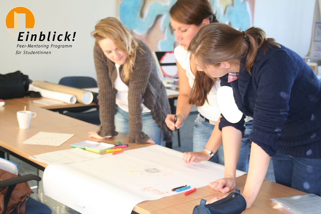 Foto (Maike Amen): Mentees aus dem Peer-Mentoring-Programm  „Einblick!“ tauschen sich über die Möglichkeit zu promovieren aus.