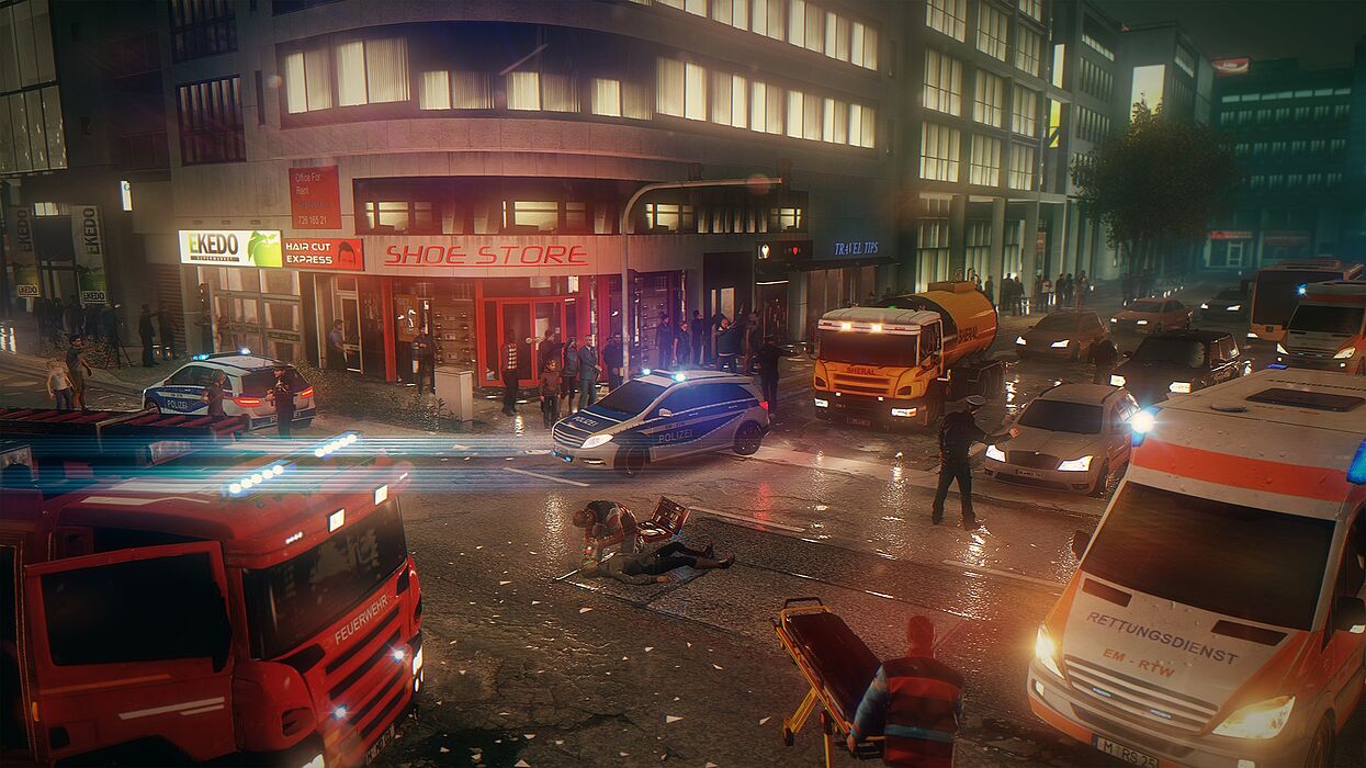 Abbildung (Promotion Software GmbH): Szene aus dem Spiel Emergency 5: Gamer können hier virtuell Einsätze von Feuerwehr, Polizei und Rettungsdienst simulieren. Auf dieser Basis entwickeln die Forscher aktuell ein Trainingssystem für den Katastrophensch