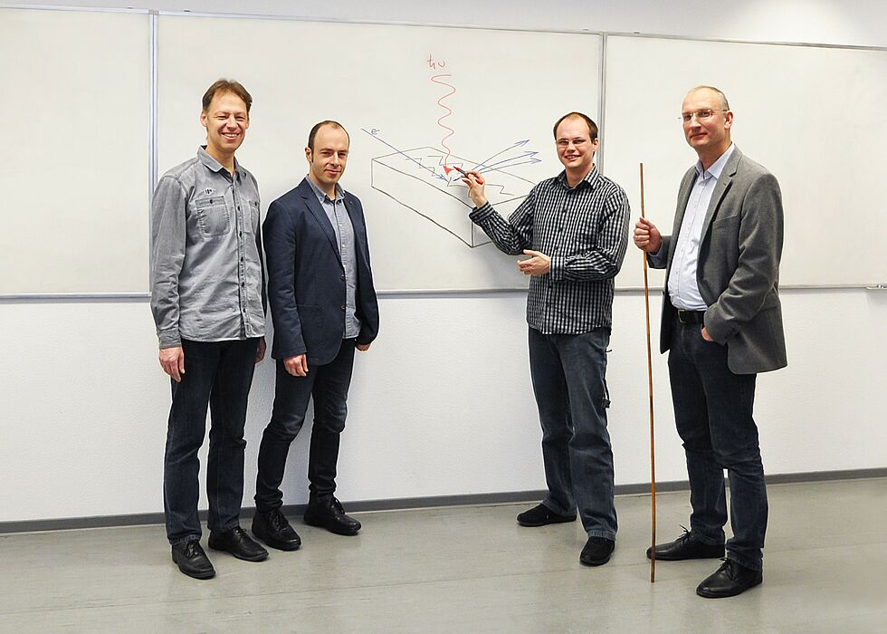 Foto (Universität Paderborn): Das Forscherteam aus Paderborn (v. l.): Dr. Uwe Gerstmann, Jun. Prof. Dr. Simone Sanna, Dr. Andreas Lücke und Prof. Dr. Wolf Gero Schmidt.