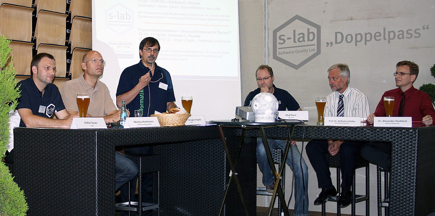 Foto (s-lab): Einigkeit beim s-lab “Doppelpass” am letzten Sonntag: Von der Zusammenarbeit zwischen Wirtschaft und Wissenschaft profitieren Unternehmen, Universität und Studierende.