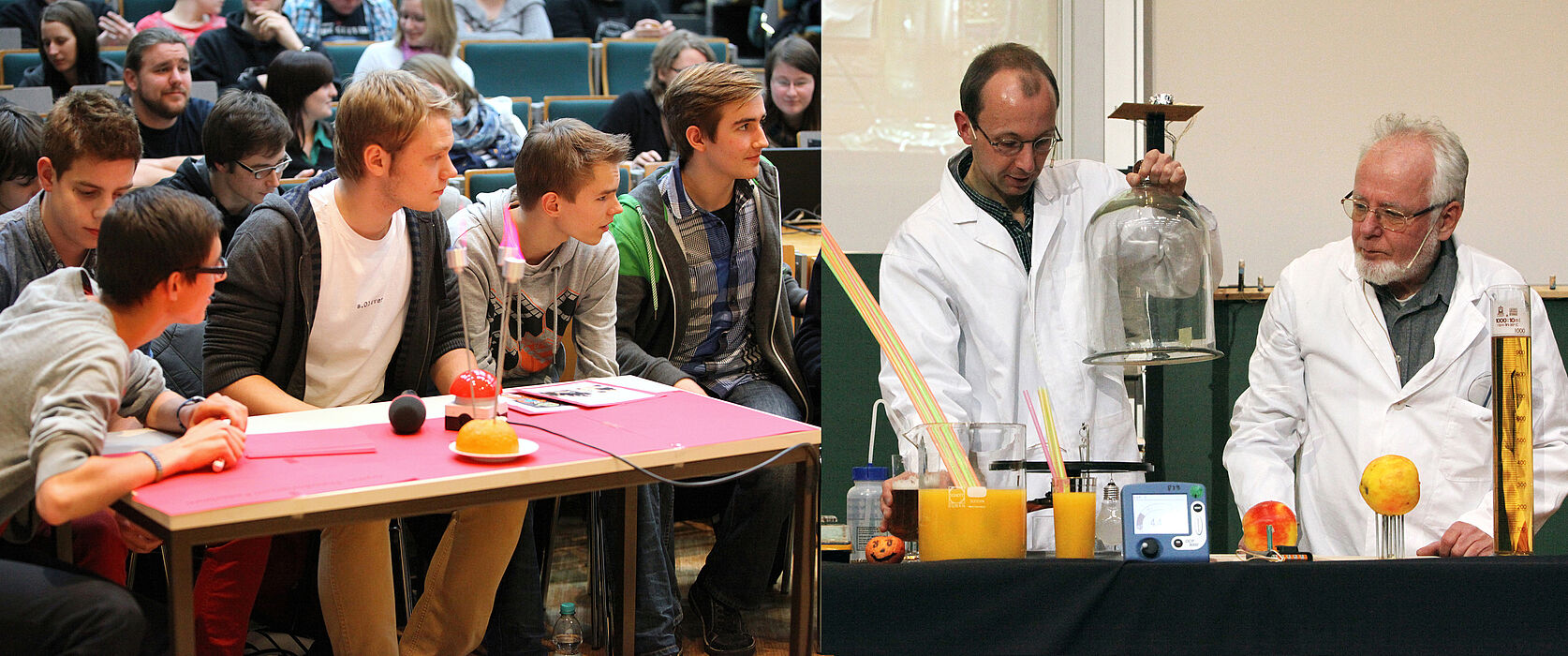 Fotos (Universität Paderborn, Adelheid Rutenburges): Gespannte Blicke eines Rateteams: Wie wird das Experiment ausgehen? Prof. i. R. Dr. Heinrich Marsmann (rechts) und Dr. Andreas Hoischen präsentieren Naturwissenschaft zum Staunen.