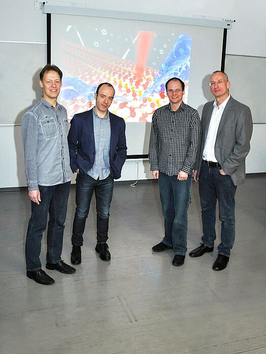 Foto (Universität Paderborn): Das Forscherteam aus Paderborn (v. l.): Dr. Uwe Gerstmann, Jun. Prof. Dr. Simone Sanna, Dr. Andreas Lücke und Prof. Dr. Wolf Gero Schmidt.