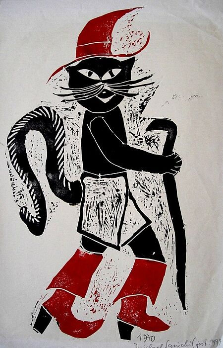 Foto (Archiv KinderKunst e. V.): Holzschnitt. Der Gestiefelte Kater. Schülerarbeit 1970.
