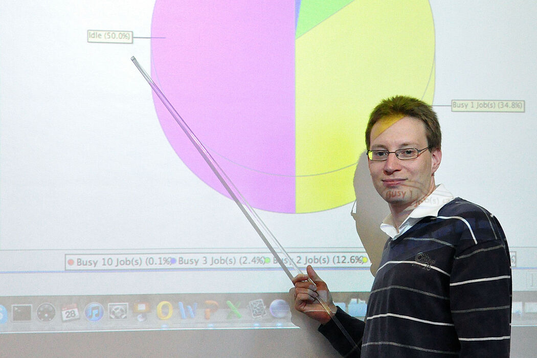 Foto (Simone Rudolph): Jun.-Prof. Steffen Becker vor einem Chart zur Resourcenauslastung während einer komponentenbasierten Performanceanalyse.