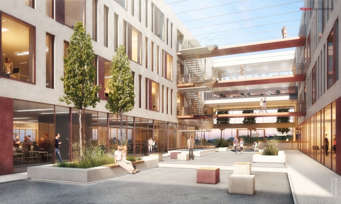 Abbildung: Viel Wert wird bei dem Gebäude auf die Architektur und Innenarchitektur gelegt, welche den Aspekt “New Work” fördern soll.