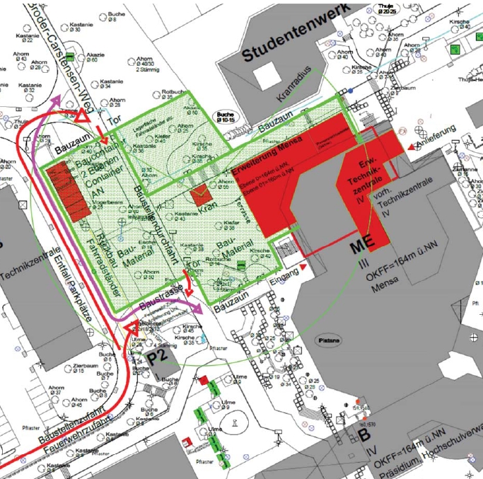 Der Plan der Baustelleneinrichtung zeigt die Umleitung für Fußgänger in den kommenden Monaten.