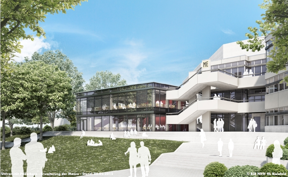 Entwurf (BLB Bielefeld): Ansicht des Erweiterungs-Neubaus vom Uni-Innenhof aus.