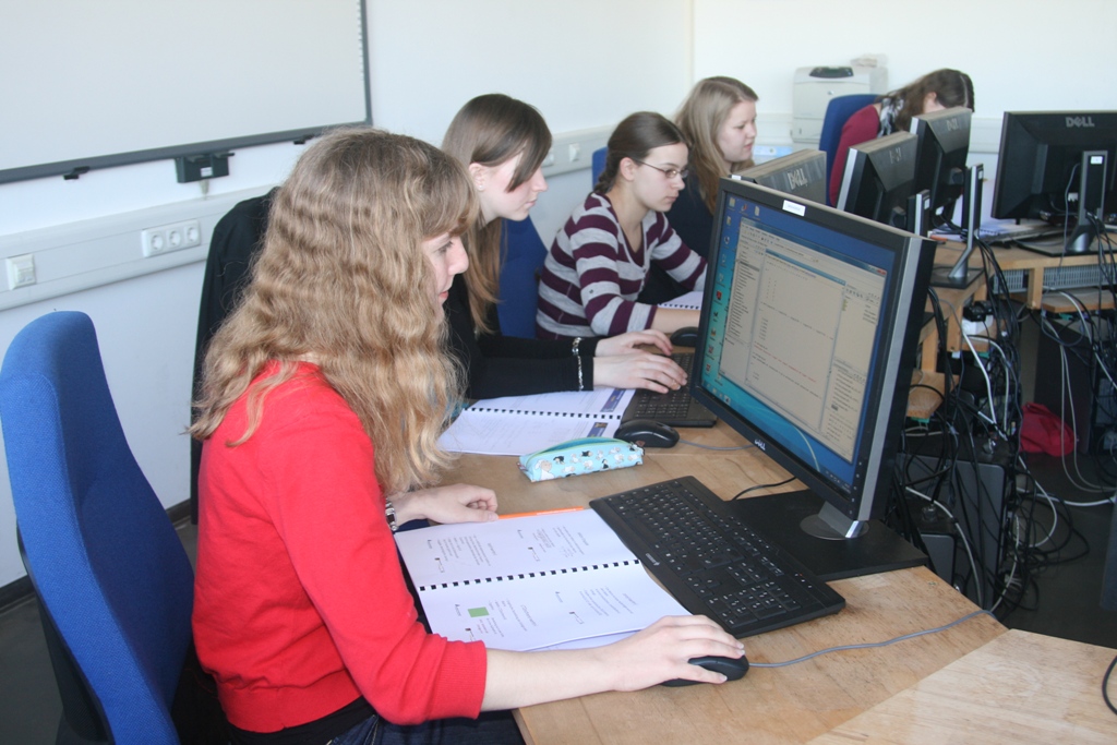 Foto (Universität Paderborn): Beim Schülerworkshop der Universität Paderborn sammelten die Schülerinnen und Schüler am Computer erste praktische Erfahrungen mit der Computertomographie.