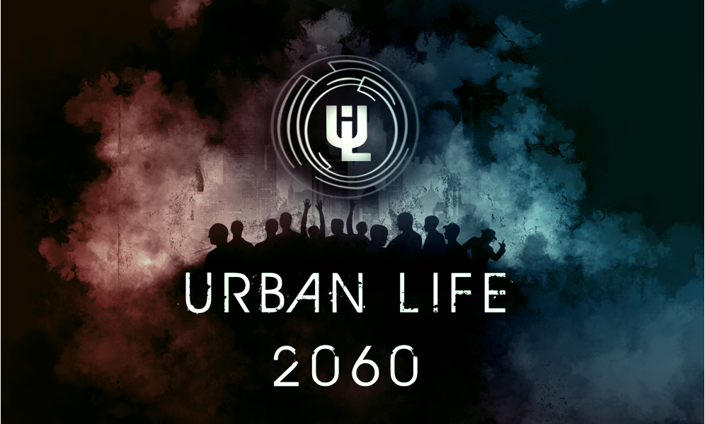 Screenshots: Ansichten einer Spieler-Wohnung, einer Stadt und eines Stadtteils, außerdem das "Urban Life-Logo"