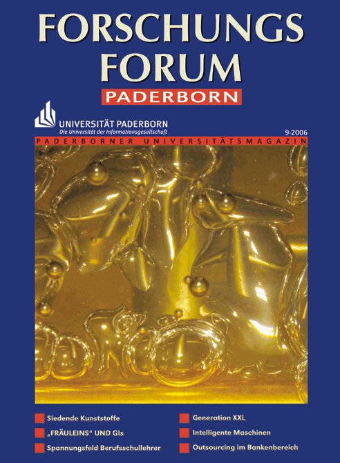 Foto (Hochschulmarketing): Titelseite des aktuell erschienenen „ForschungsForum Paderborn“: Blasenbildung über einem Heizrohr in einem Gemisch aus Pentan und Silikonöl.