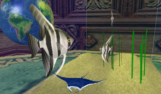 Abbildung: Screenshot aus einem virtuellen Aquarium. Im Rahmen der Vorlesung Computergraphik 2 wurde von den Studenten ein 3-D Aquarium entwickelt. Hierbei wurde die Programmierschnittstelle OpenGL verwendet, um die Möglichkeiten moderner Grafikkarten f