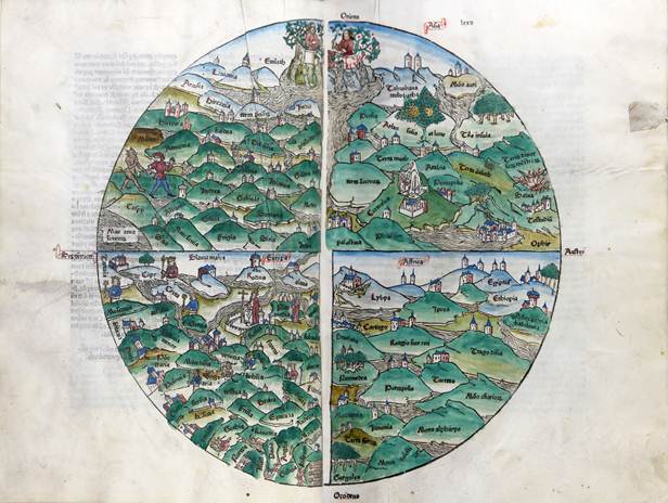 Abbildung: Weltkarte, Rudimentum Novitiorum, Lübeck: Lucas Brandis, 1475 (Rostock, Universitätsbibliothek, Rb 90, fol. 74v-75r)